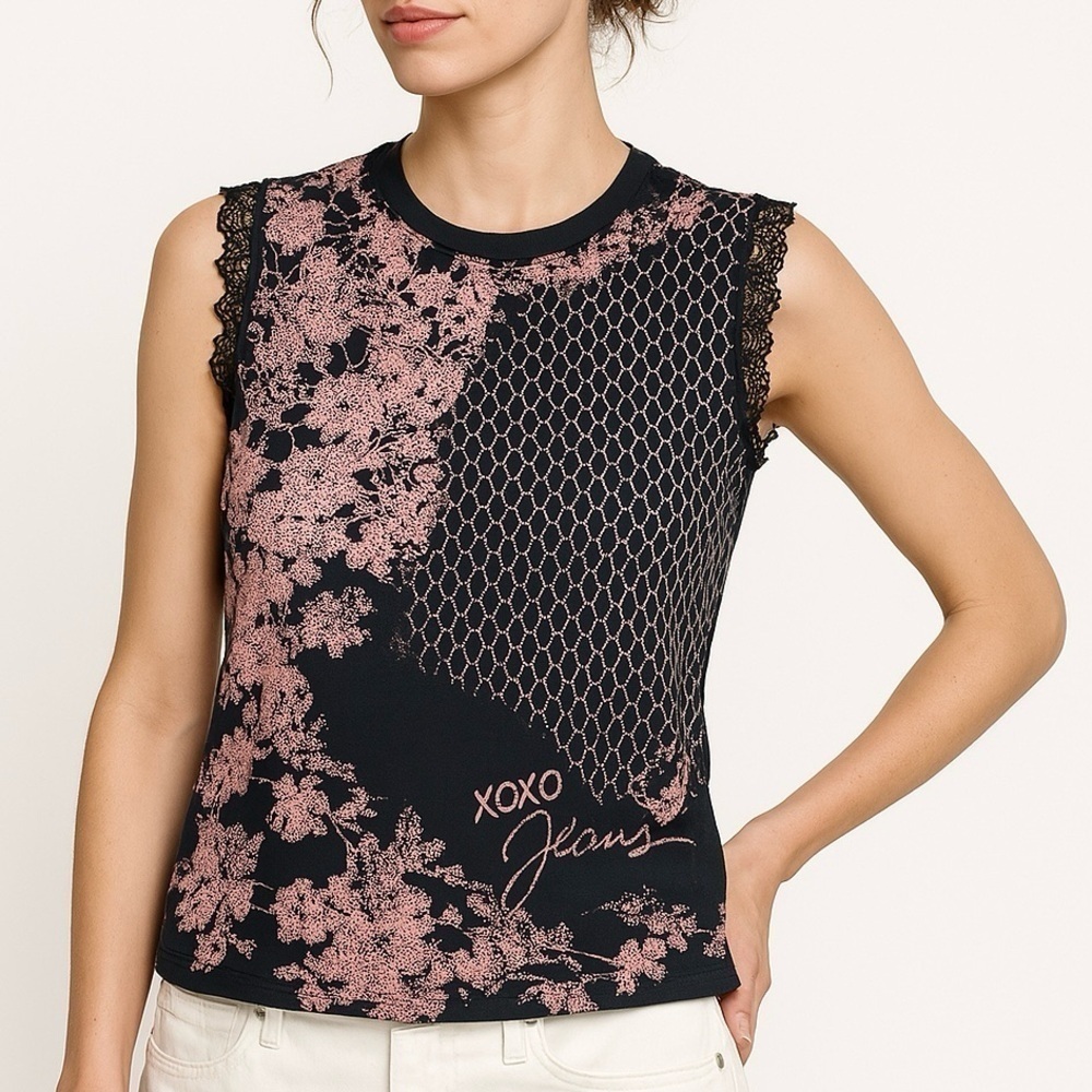 XOXO Tank Top Graphic T-shirt Sleeveless Lace Trim Y2K Moto Pink Black Small